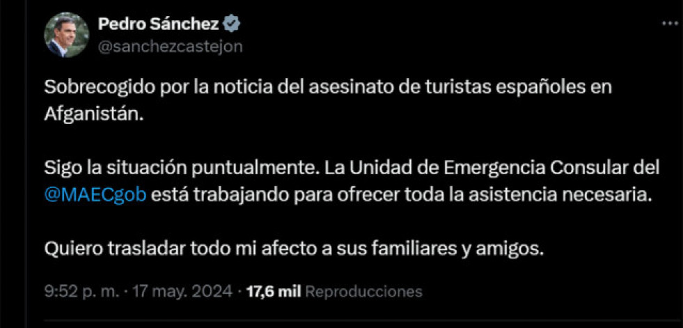 Tres turistas españoles mueren y otro resulta herido en un tiroteo en Afganistán